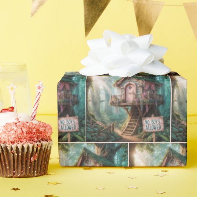 Girly Treehouse With a Funny Sign In a Forest Wrapping Paper (Birthday Party)