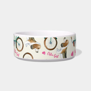 Girly Trendy Bicycles & Dogs Pink Script Name Pet Bowl