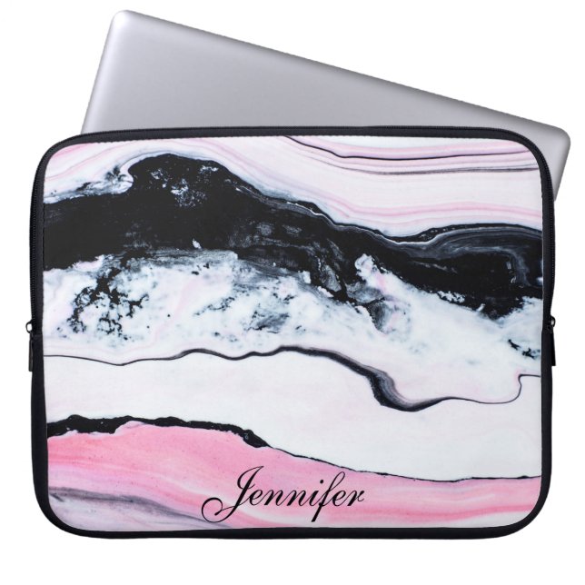 Girly TRENDY BLACK WHITE PINK MARBLE ADD YOUR NAME Laptop Sleeve (Front)