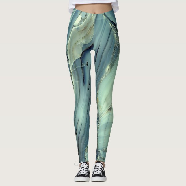 Girly Trendy Blue Marble Texture Leggings (Front)