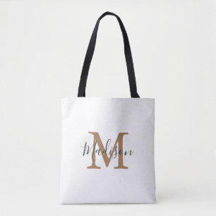 Girly Trendy Brown Gold Monogram Tote Bag