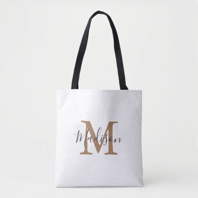 Girly Trendy Brown Gold Monogram Tote Bag (Front)