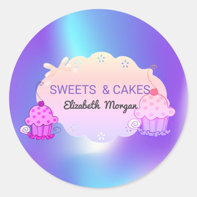 Girly Trendy, Holographic Cupcake Bakery Classic Round Sticker (Front)