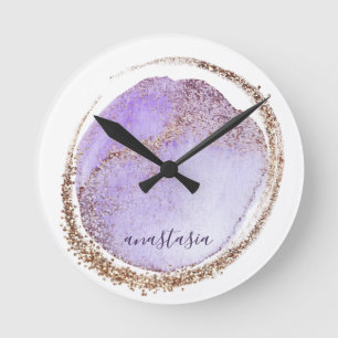 Girly Trendy Purple Golden Glitter Marbled Round Clock