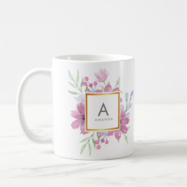 Girly TRENDY Watercolor Peony and Flowers Monogram Coffee Mug (Left)