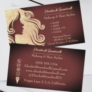 Girly Trendy Wine Red & Gold Makeup Hairstylist Business Card