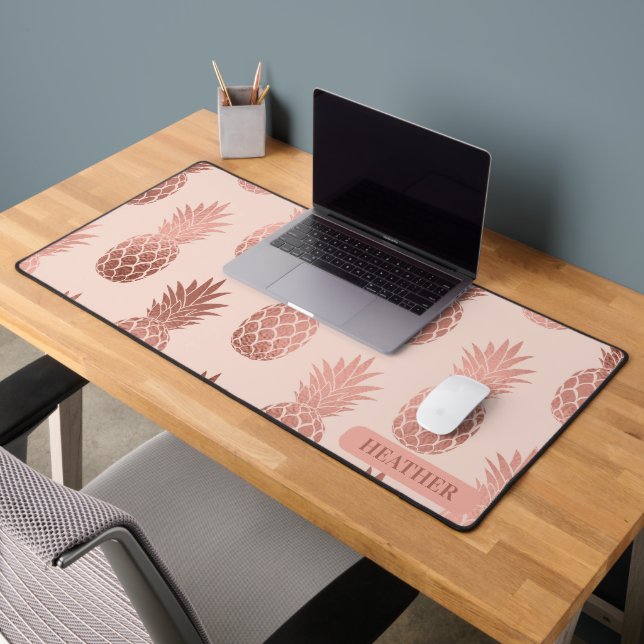 Girly Tropical Rose Gold Summer Pineapples Pattern Desk Mat (Office 2)