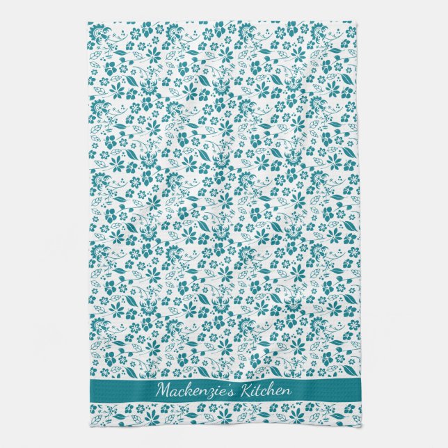 Girly Tropical Teal Turquoise Flowers Tea Towel (Vertical)