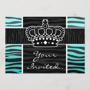 Girly turquoise and black zebra print crown invitation