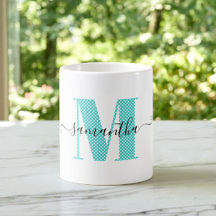 Girly Turquoise and White Polka Dot Monogram Coffee Mug