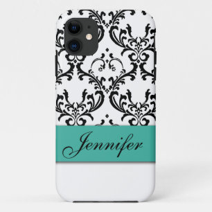 GIRLY TURQUOISE BLACK DAMASK YOUR NAME Case-Mate iPhone CASE