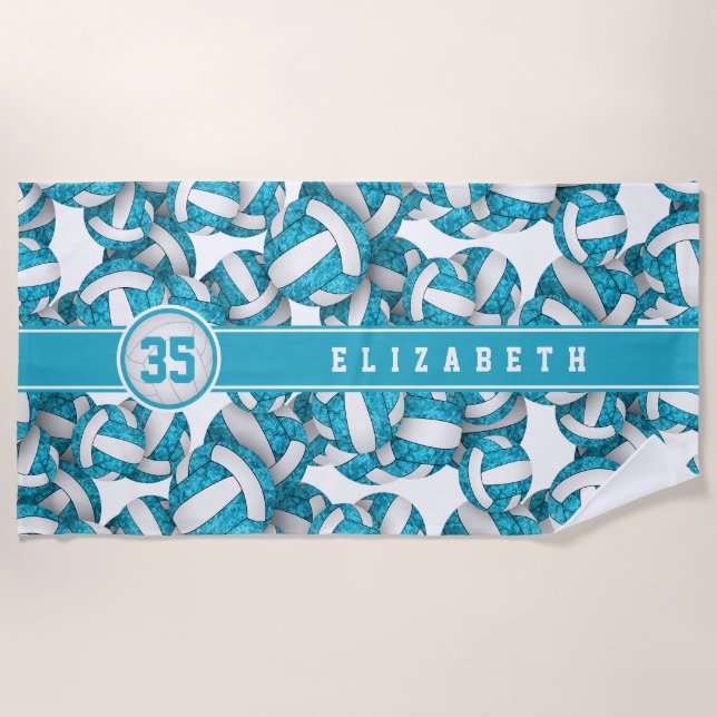 Girly turquoise blue volleyballs pattern beach towel (Front)