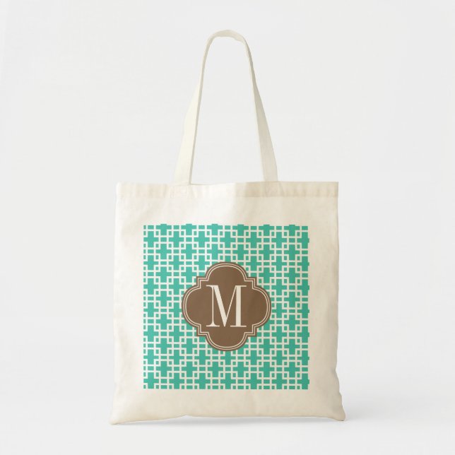 Girly Turquoise & brown Squares Pattern Custom Tote Bag (Front)
