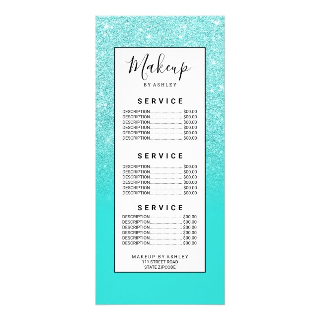 Girly turquoise glitter ombre gradient sparkles rack card (Front)