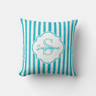 Girly Turquoise Painted Stripes Monogram and Name Cushion