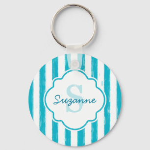 Girly Turquoise Painted Stripes Monogram and Name Key Ring