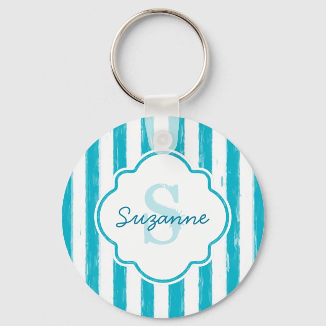 Girly Turquoise Painted Stripes Monogram and Name Key Ring (Front)