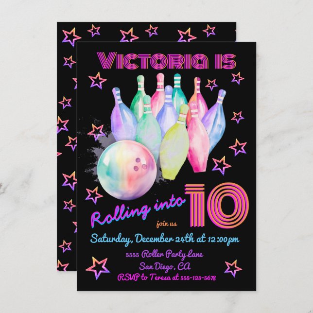 Girly tye dye pink Bowling Birthday Party Invitation (Front/Back)