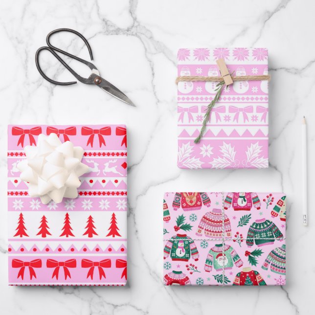 Girly Ugly Sweater Pink, Red and Green Christmas  Wrapping Paper Sheet (Front)