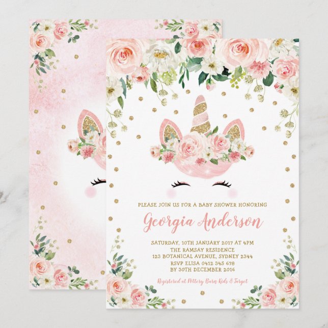 Girly Unicorn Baby Shower Blush Peach Gold Floral Invitation (Front/Back)