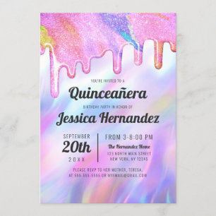 Girly Unicorn Holographic Glitter Drip Quinceañera Invitation