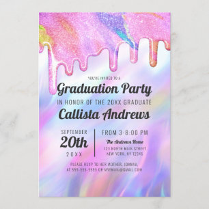 Girly Unicorn Holographic Glitter Drips Graduation Invitation
