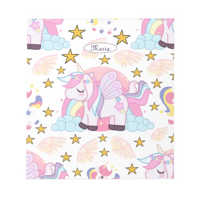 Girly Unicorn Rainbow Stars Custom Name  Notepad (Front)