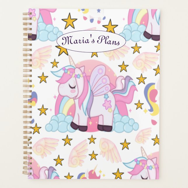 Girly Unicorn Rainbow Stars Custom Name Planner (Front)