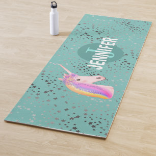 Girly Unicorn Rainbow Teal Silver Stars Monogram Yoga Mat