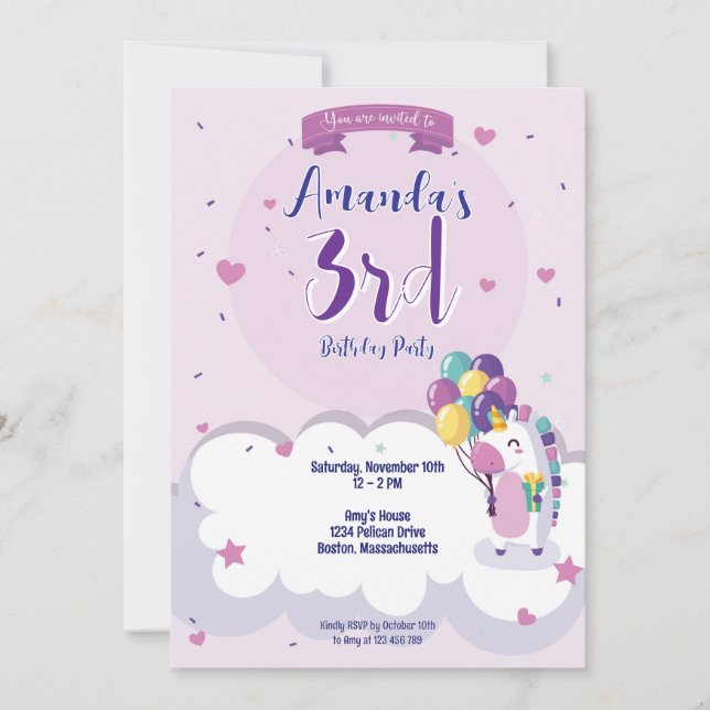 Girly Unicorn Themed Birthday Invitation (Front)