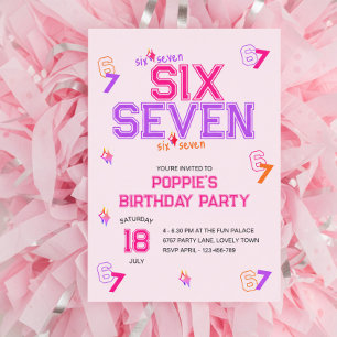 Girly Varsity Pink Purple 6 7 Meme Birthday Party Invitation