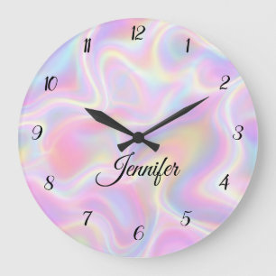 Girly Vibrant Pastel Holographic Swirl Design      Large Clock