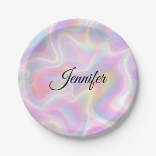 Girly Vibrant Pastel Holographic Swirl Design Paper Plate