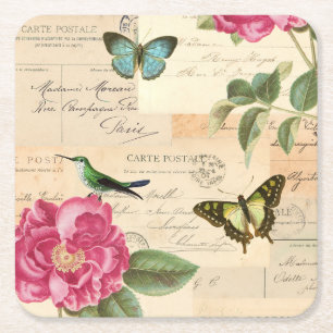 Girly vintage coaster w/ bird, butterflies & rose