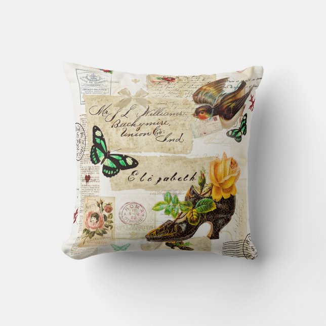 Girly Vintage Ephemera Fashion Collage With Name Cushion (Front)