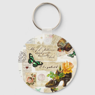 Girly Vintage Ephemera Fashion Collage With Name Key Ring