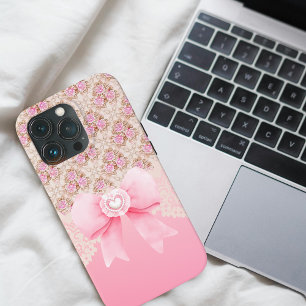 Girly Vintage Pink Floral Roses Ribbon And Lace iPhone 15 Pro Case