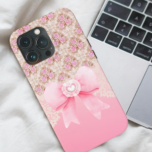 Girly Vintage Pink Floral  Roses Ribbon And Lace iPhone 15 Pro Max Case