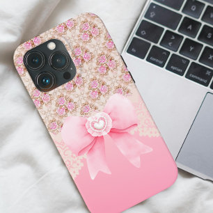 Girly Vintage Pink Floral Roses Ribbon And Lace Case-Mate iPhone 14 Pro Max Case