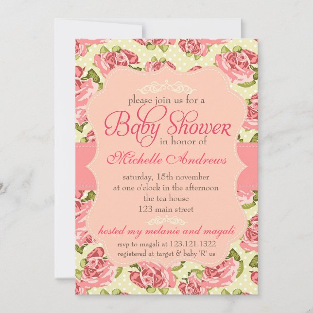 Girly Vintage Pink Roses Baby Shower Invitation (Front)