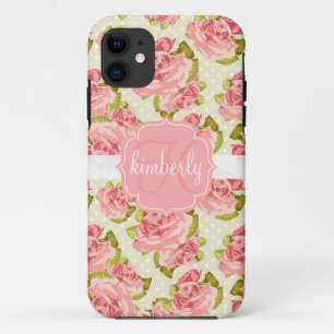 Girly Vintage Pink Roses Monogrammed iPhone 11 Case