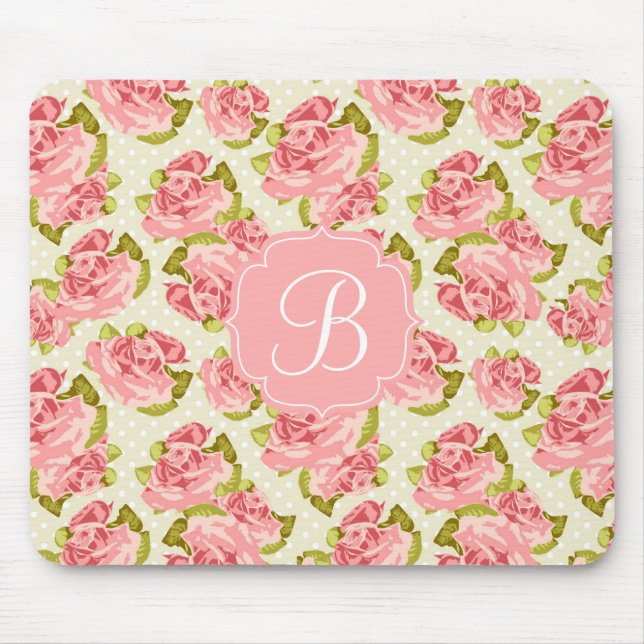 Girly Vintage Pink Roses Monogrammed Mouse Pad (Front)