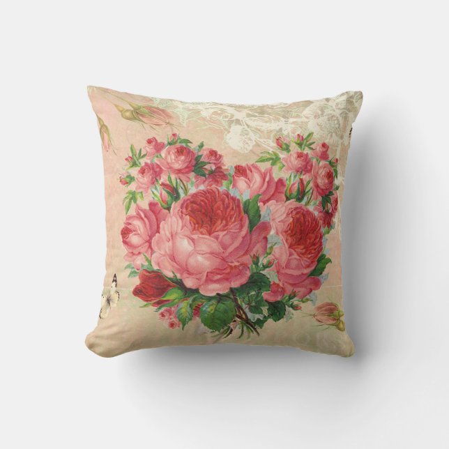 Girly Vintage Rose Heart Collage Cushion (Front)