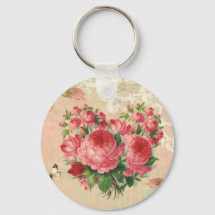 Girly Vintage Rose Heart Collage Key Ring