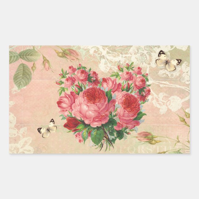 Girly Vintage Rose Heart Collage Rectangular Sticker (Front)
