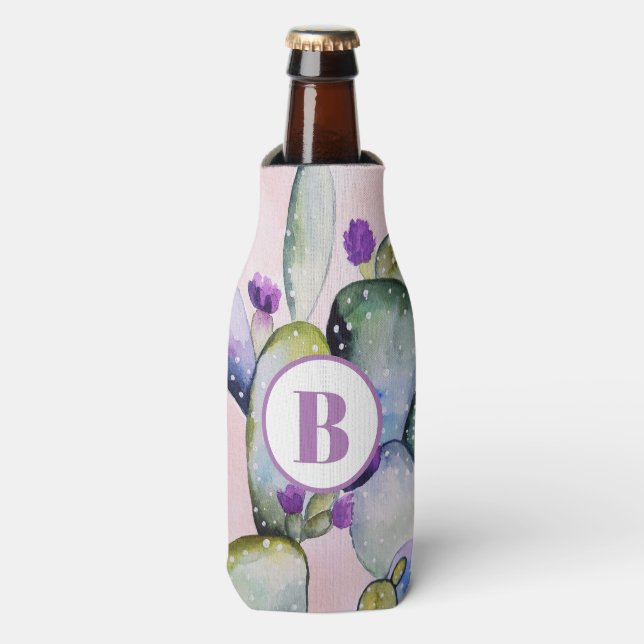 Girly Watercolor Cactus | Monogram Bottle Cooler (Bottle Front)