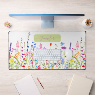 Girly Watercolor Colorful Wildflowers Personalized Desk Mat