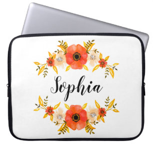 Girly Watercolor Coral Floral Wreath Custom Text Laptop Sleeve