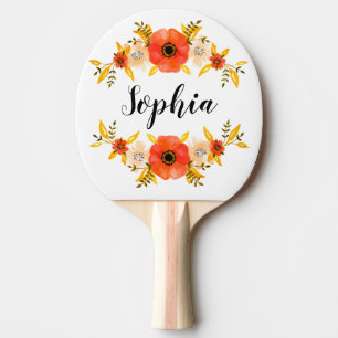 Girly Watercolor Coral Floral Wreath Custom Text Ping Pong Paddle