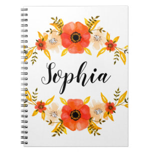 Girly Watercolor Coral Floral Wreath Custom Text Spiral Notebook